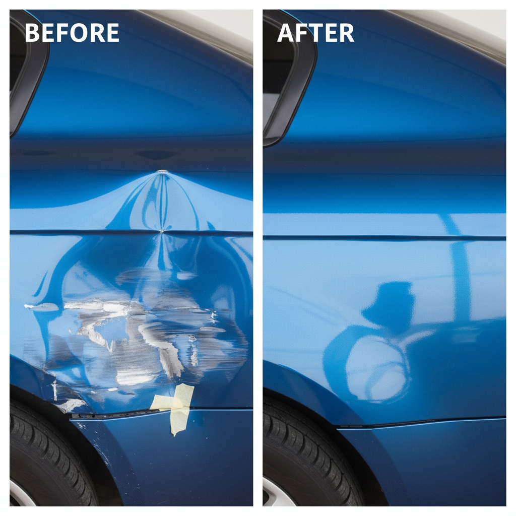 Before and after car panel repair with matched paint