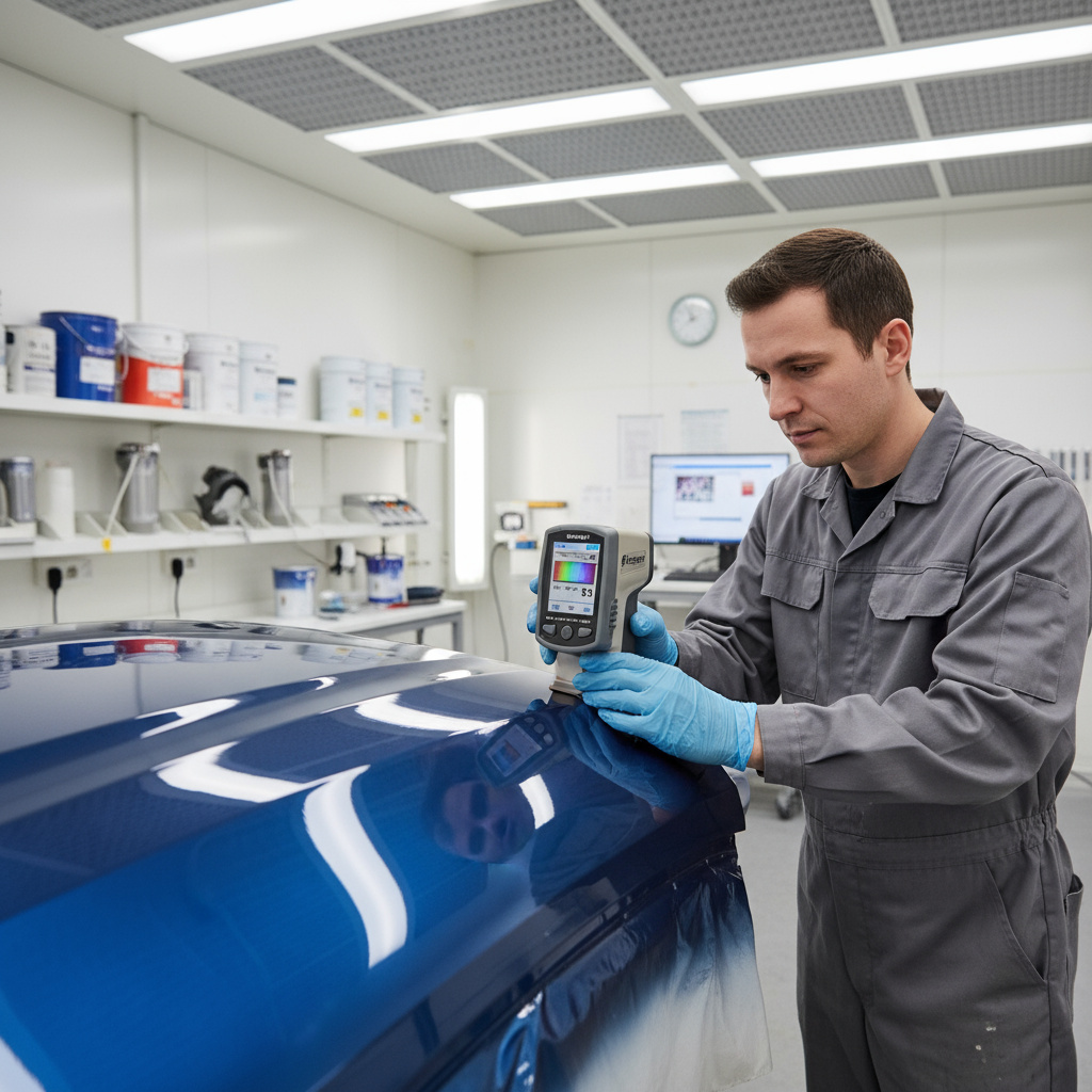 Technician using spectrophotometer to match car paint