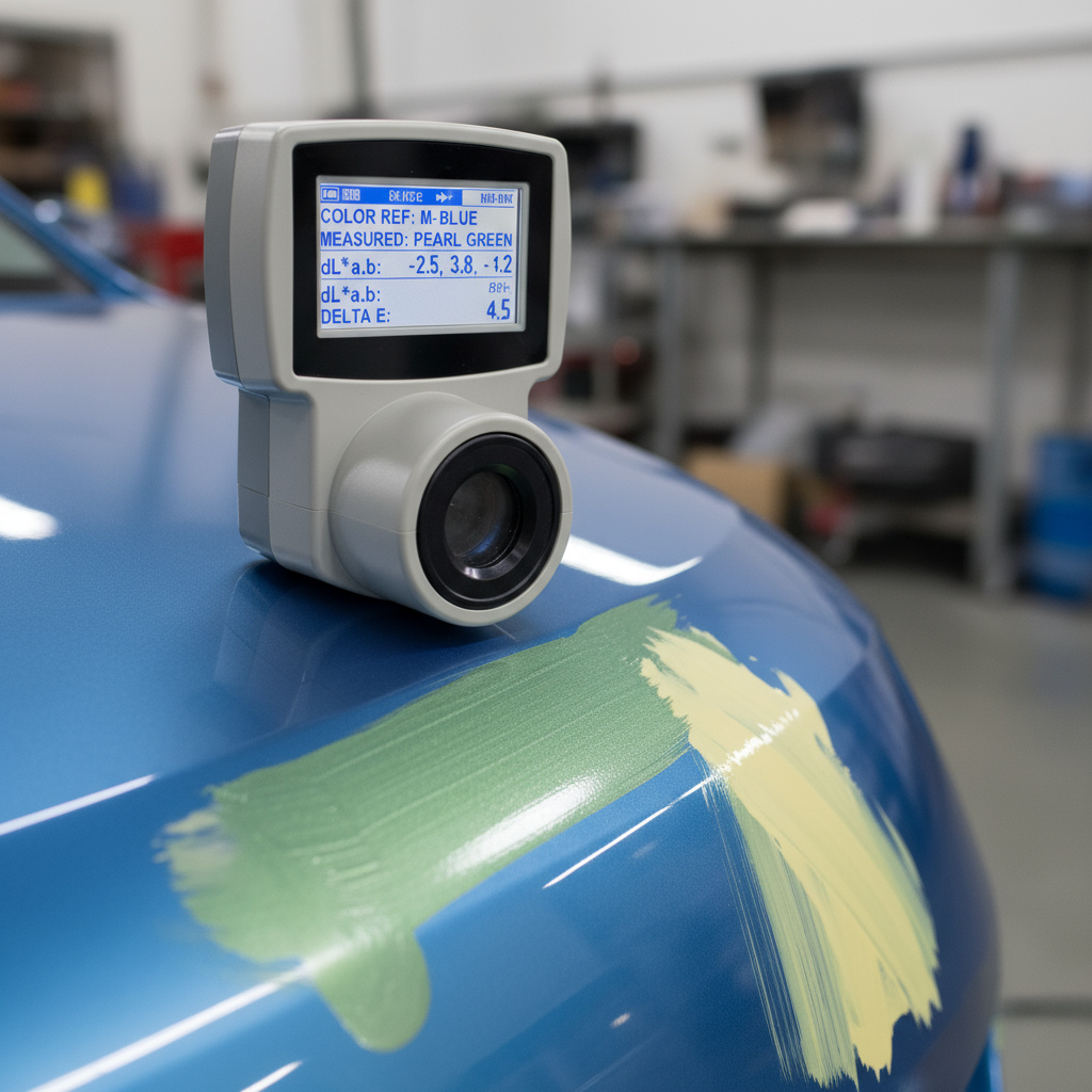 Spectrophotometer measuring paint on a car panel
