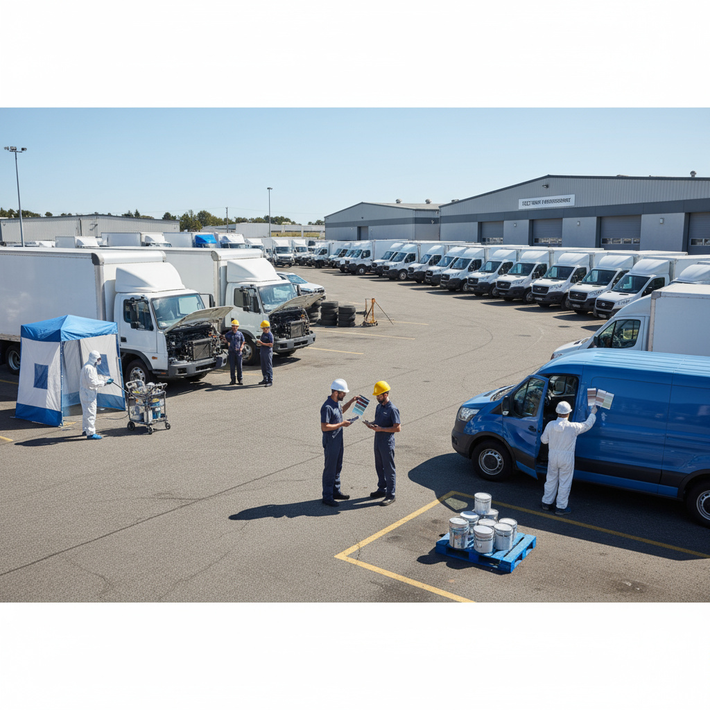Technicians working on several fleet vehicles